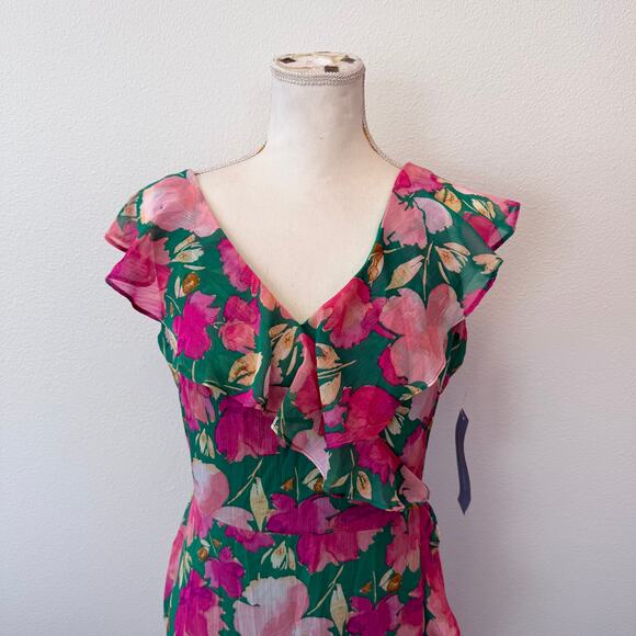 London Times Sleeveless Floral Ruffle Wrap Asymmetrical Hem Maxi Dress Sz 8 NEW - Picture 5 of 15